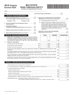 Virginia Schedule 502A Pass-Through Entity Allocation