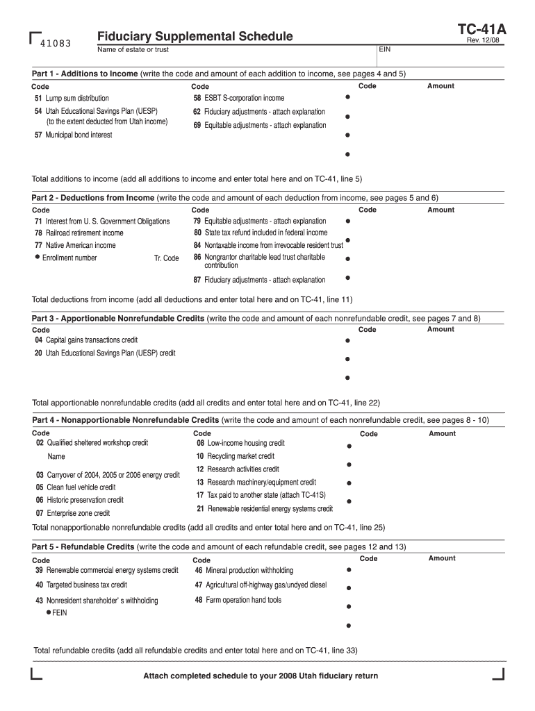 Fillable Online tax utah 2008 TC41A Supplemental Schedule Utah Fax