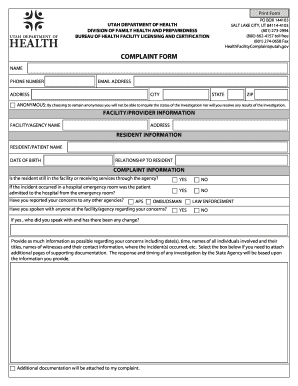 Utah Health Facility Complaint Form