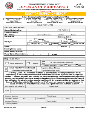Vermont Elevator Inspection Report