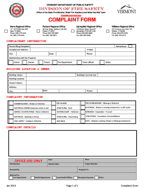 Vermont Fire Safety Complaint Form