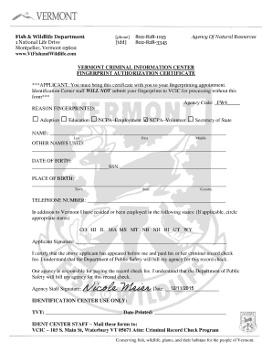 Vermont Fingerprint Authorization Certificate