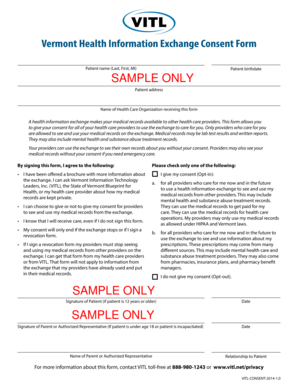 Vermont Health Information Exchange Consent Form SAMPLE ONLY