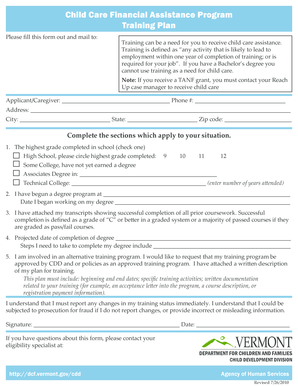 Child Care Financial Assistance Training Plan