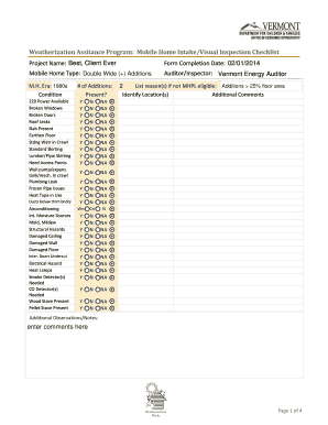 Weatherization Assistance Program Mobile Home Inspection Checklist