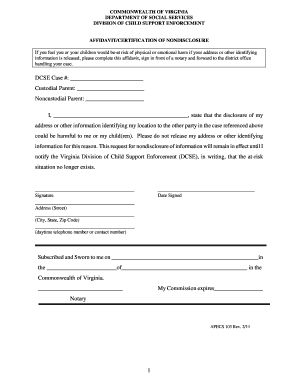 Virginia Nondisclosure Affidavit for Child Support