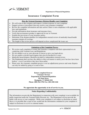 Vermont Insurance Complaint Form