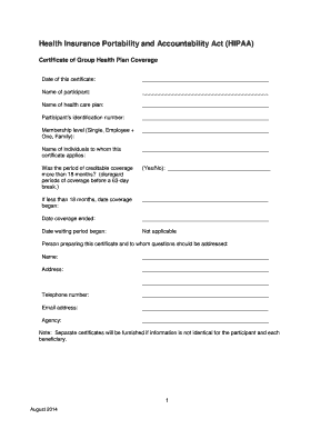 HIPAA Certificate of Group Health Plan Coverage