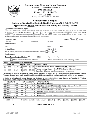 Virginia Disabled Veteran Fishing and Hunting License Application