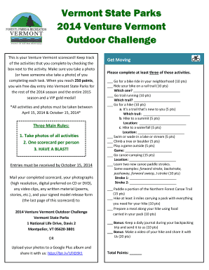 Venture Vermont Outdoor Challenge Scorecard