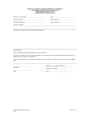 Virginia Housing Development Authority Rehabilitation Loan Completion Certificate