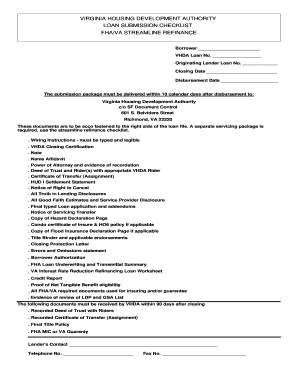 VHDA FHA/VA Streamline Refinance Loan Submission Checklist