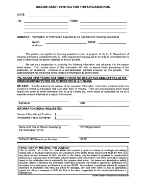 Income Asset Verification for Stocks/Bonds
