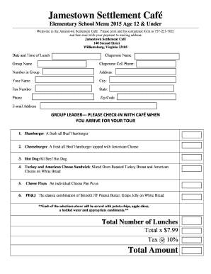 Jamestown Settlement Café Lunch Order Form