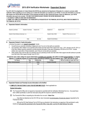 2013-2014 Verification Worksheet - Dependent Student