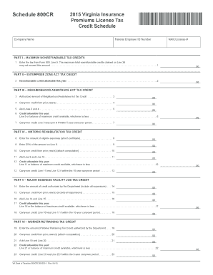 Virginia Insurance Premiums License Tax Credit Schedule 800CR 2015