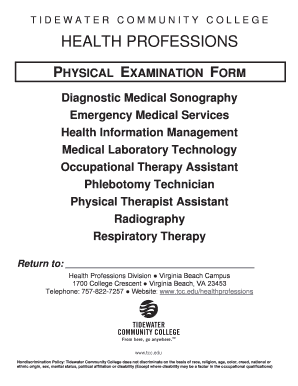 Tidewater Community College Health Professions Physical Examination Form