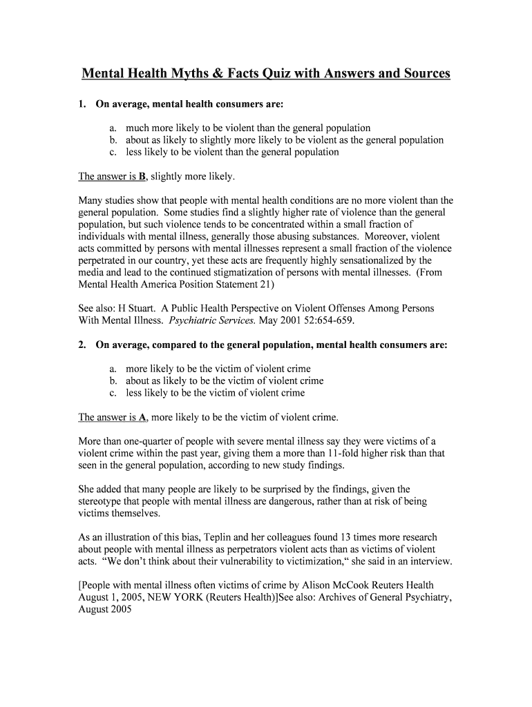 Fillable Online Mental Health Myths & Facts Quiz with Answers and