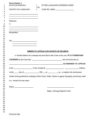 Indiana Court Order to Appear and Notice of Hearing
