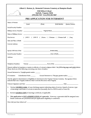 Virginia Veterans Cemetery Pre-Application for Interment