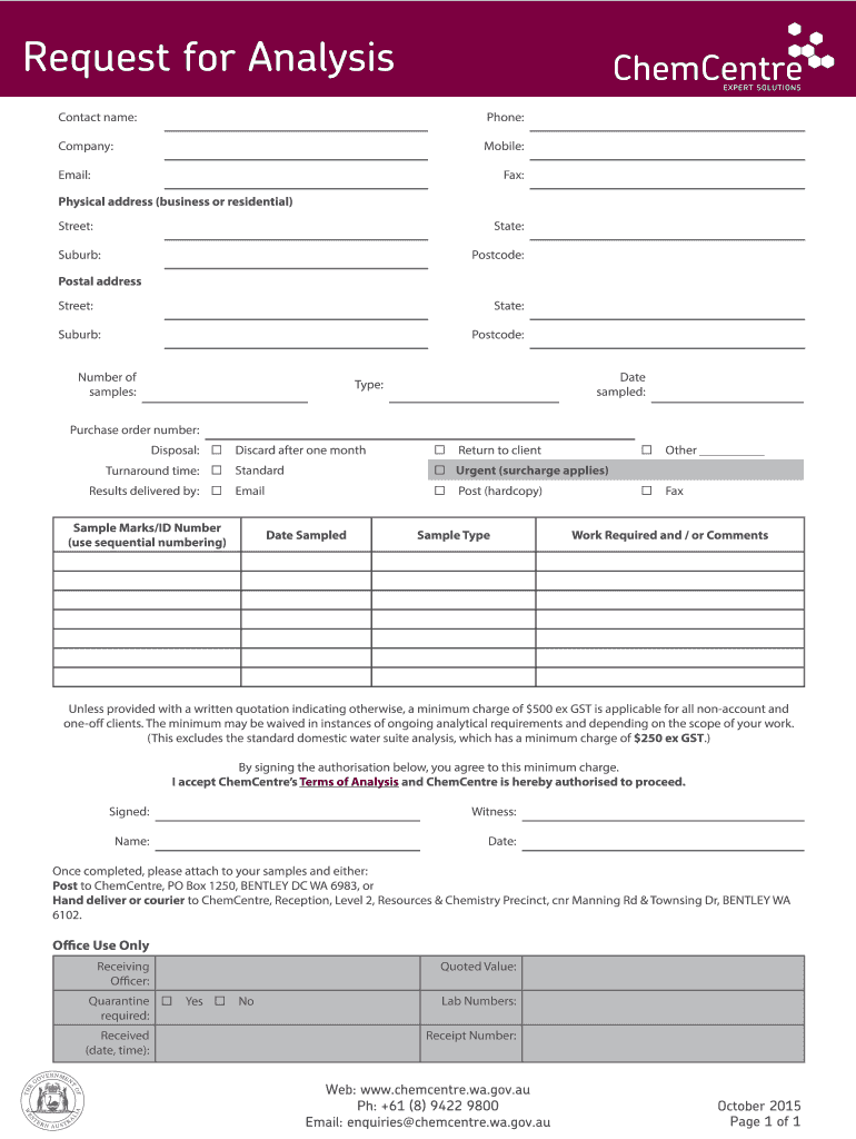 Our uotation Request for Analysis - Chem Centre - chemcentre wa gov Preview on Page 1