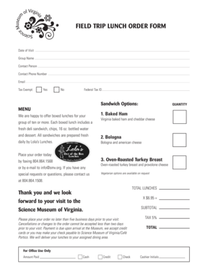 Field Trip Lunch Order Form