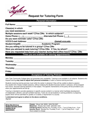Request for Tutoring Form