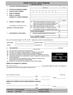 Claim Form for Liquor Subsidy