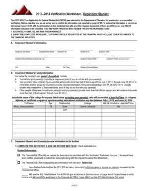 2013–2014 Verification Worksheet - Dependent Student