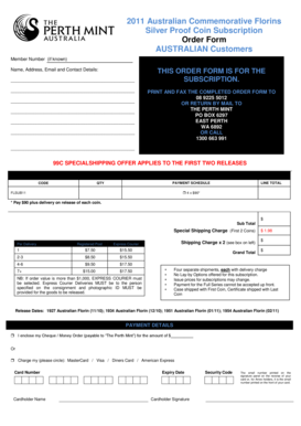2011 Australian Commemorative Florins Silver Proof Coin Subscription Order Form