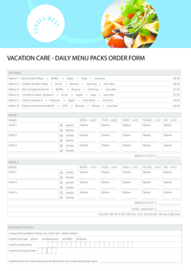 Vacation Care Daily Menu Packs Order Form