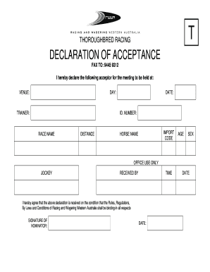 Thoroughbred Racing Declaration of Acceptance