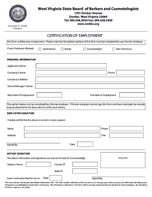 West Virginia Certification of Employment