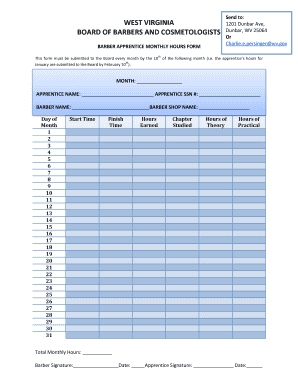 West Virginia Barber Apprentice Monthly Hours Form