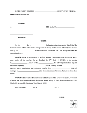 West Virginia Family Court Order for Production of Confidential Records
