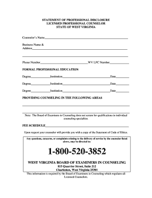 West Virginia Counselor Professional Disclosure Statement