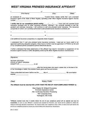 West Virginia Preneed Insurance Affidavit