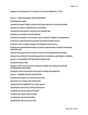 Targeted Case Management List of Activities and Purposes