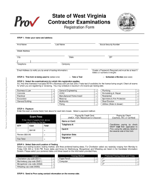West Virginia Contractor Examinations Registration Form