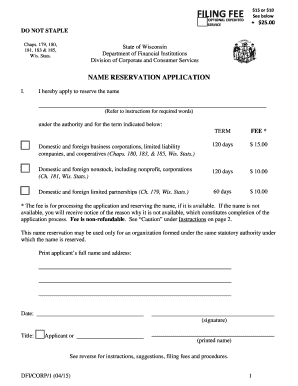 Wisconsin Name Reservation Application