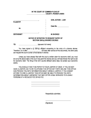 Form 7 - Notice of Intention to Request Entry of Section 3301(c) Divorce Decree