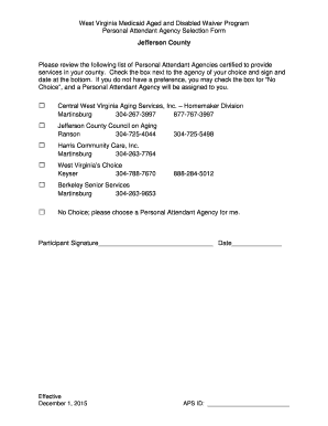 West Virginia Medicaid Aged and Disabled Waiver Program Personal Attendant Agency Selection Form