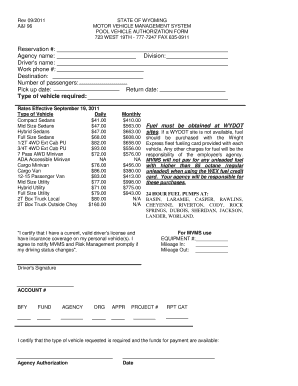 Wyoming Pool Vehicle Authorization Form
