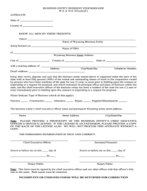 BUSINESS ENTITY RESIDENT STOCKHOLDER AFFIDAVIT - wyomingworkforce