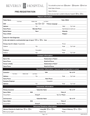Beverly Hospital Pre-Admission Form