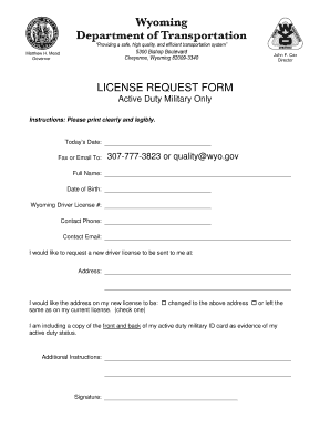 Wyoming Active Duty Military License Request Form