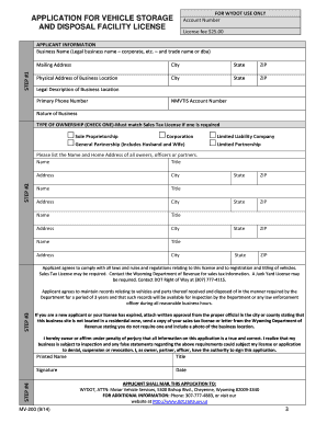 Wyoming Vehicle Storage License Application
