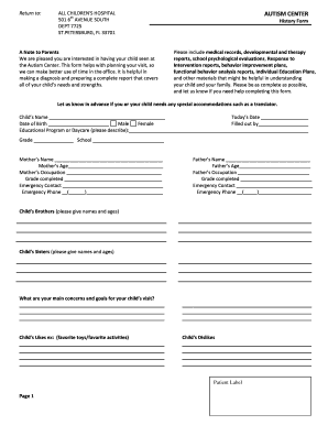 Autism Center Child History Form