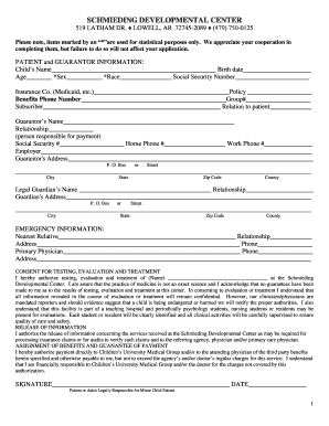 Schmieding Developmental Center Patient Intake Form