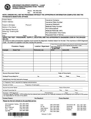 Arkansas Children's Hospital Referred Patient Requisition Order